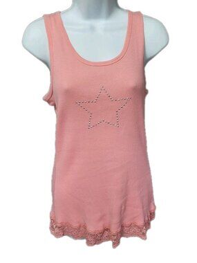 Vintage 90s Y2K Jody Ribbed Camisole Tank Top XL Pink Lace Trim Studded Star USA